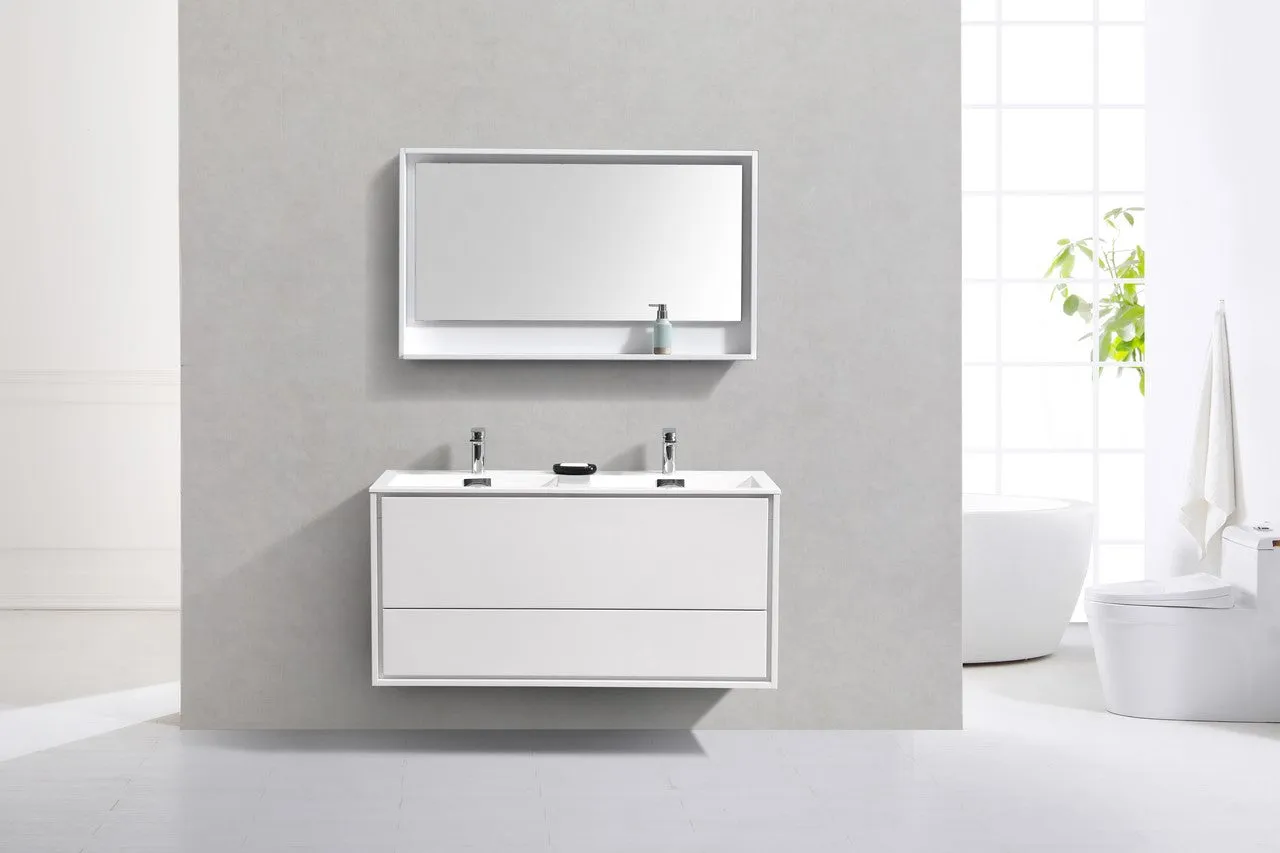DeLusso 48" Double Sink High Glossy White Wall Mount Modern Bathroom Vanity