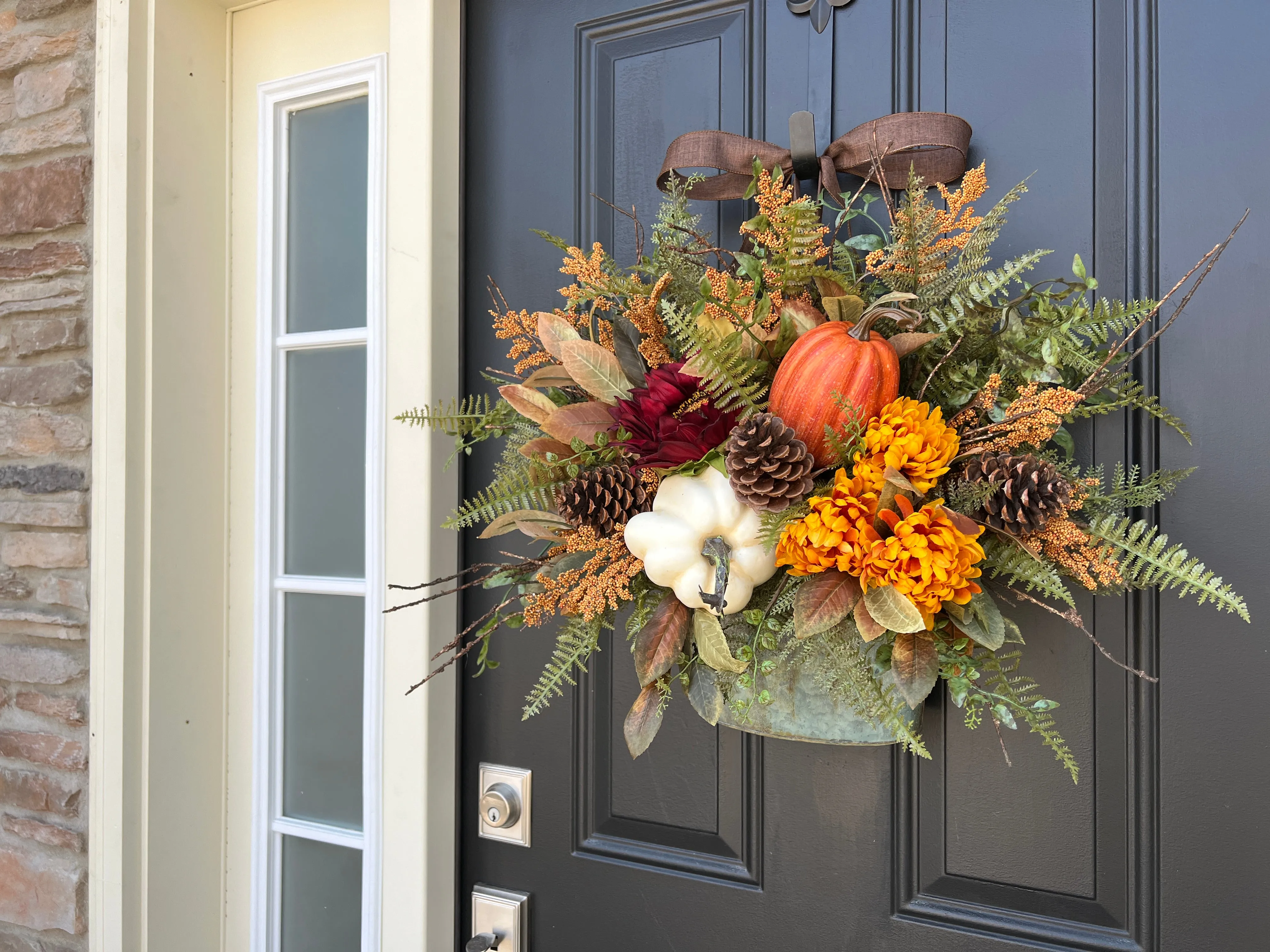 Fall White Pumpkin Bucket Wreath