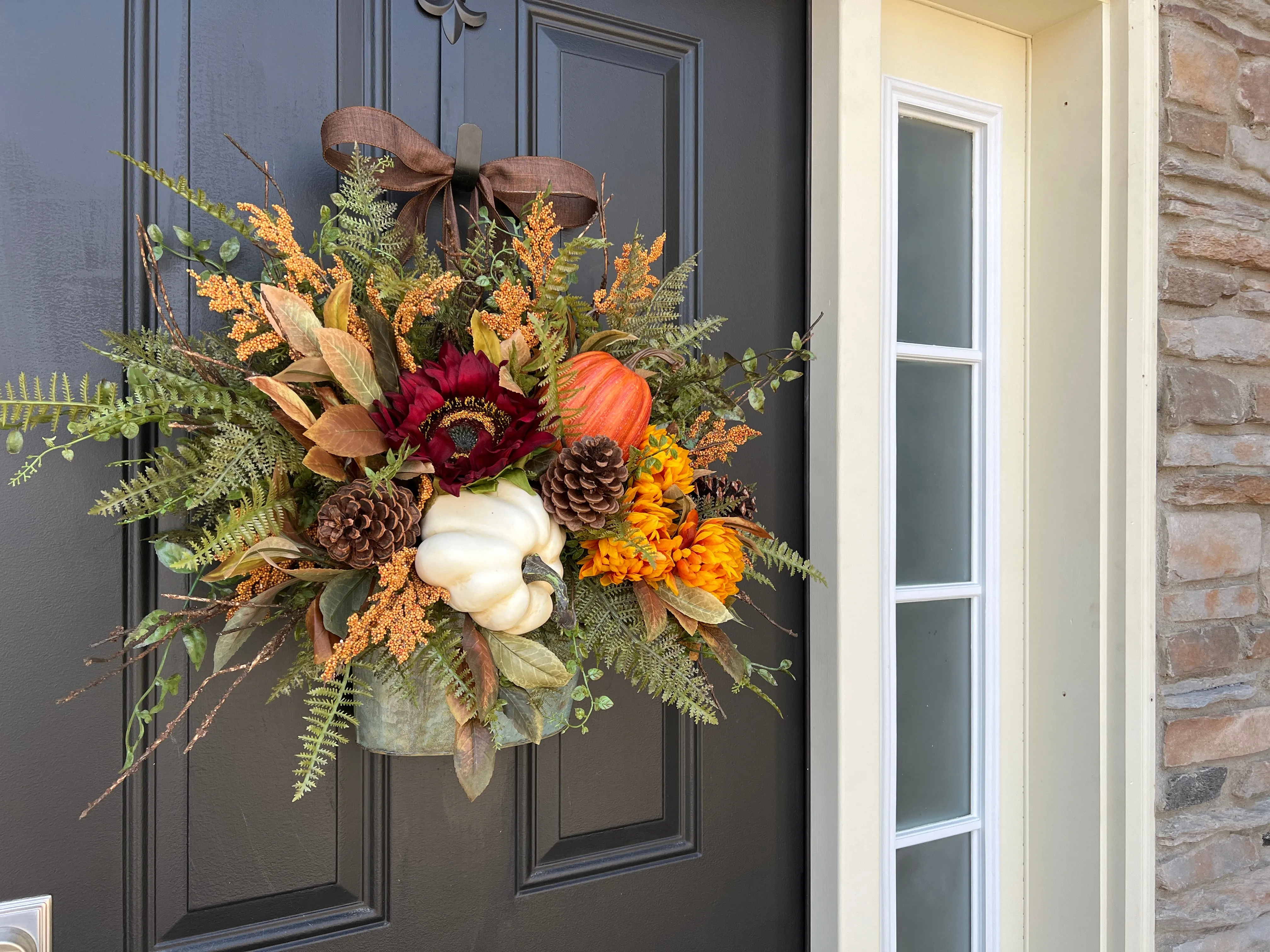 Fall White Pumpkin Bucket Wreath