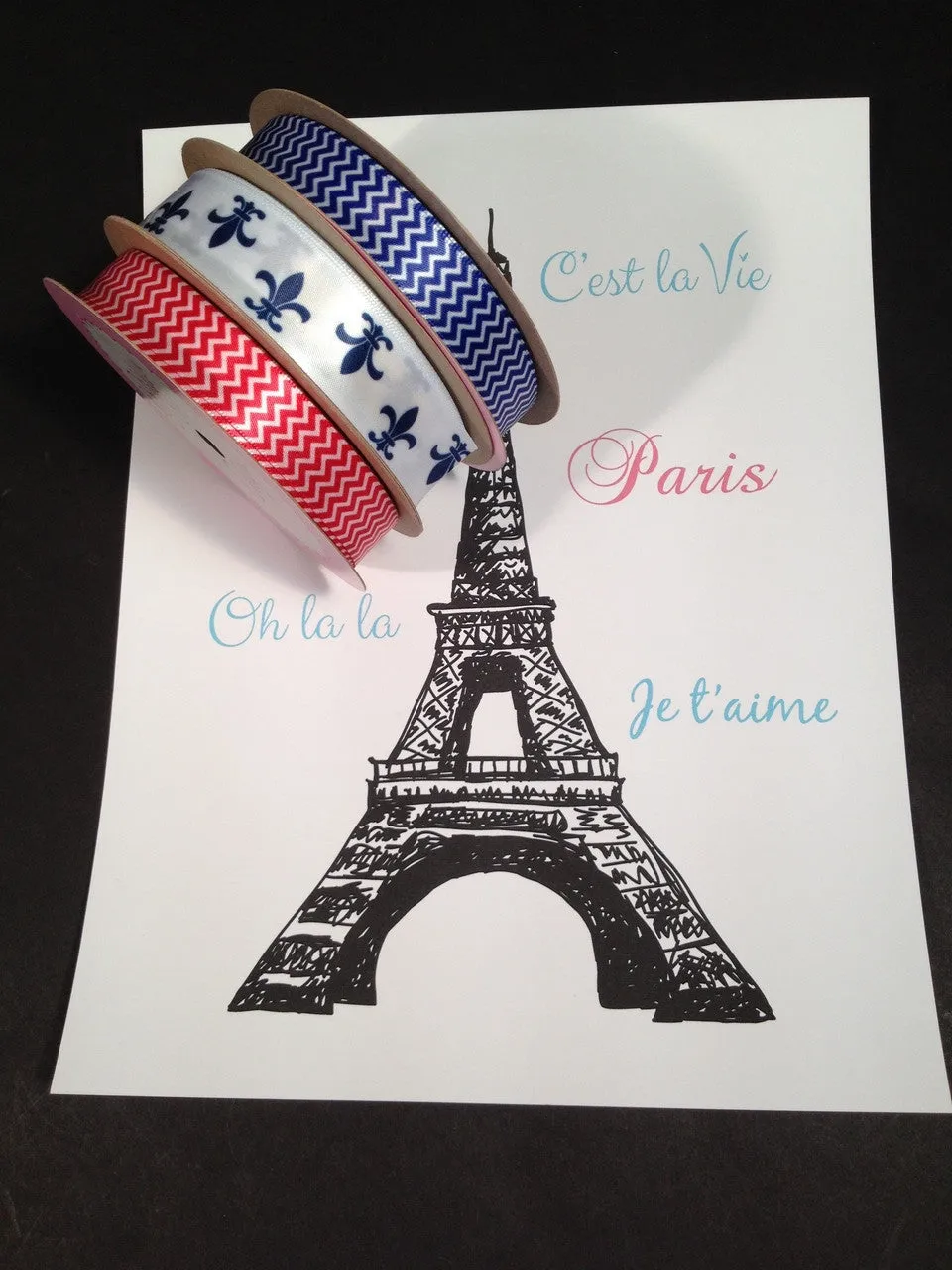 Fleur de Lis Ribbon in Navy ink on White 7/8" Single Face Satin Ribbon
