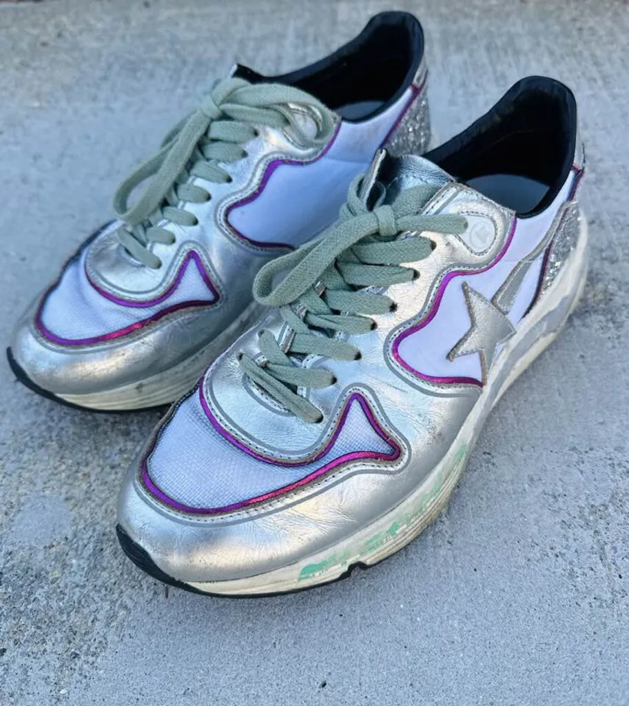 Golden Goose Silver Running Sole Sneakers with Glitter and Fuchsia Edging - Size 7
