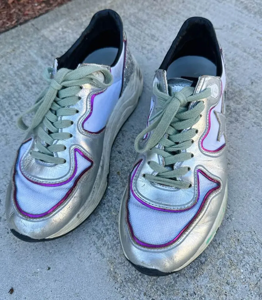 Golden Goose Silver Running Sole Sneakers with Glitter and Fuchsia Edging - Size 7