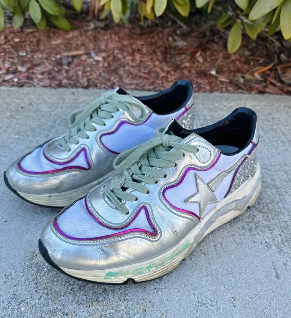 Golden Goose Silver Running Sole Sneakers with Glitter and Fuchsia Edging - Size 7