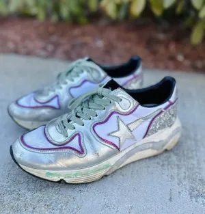 Golden Goose Silver Running Sole Sneakers with Glitter and Fuchsia Edging - Size 7