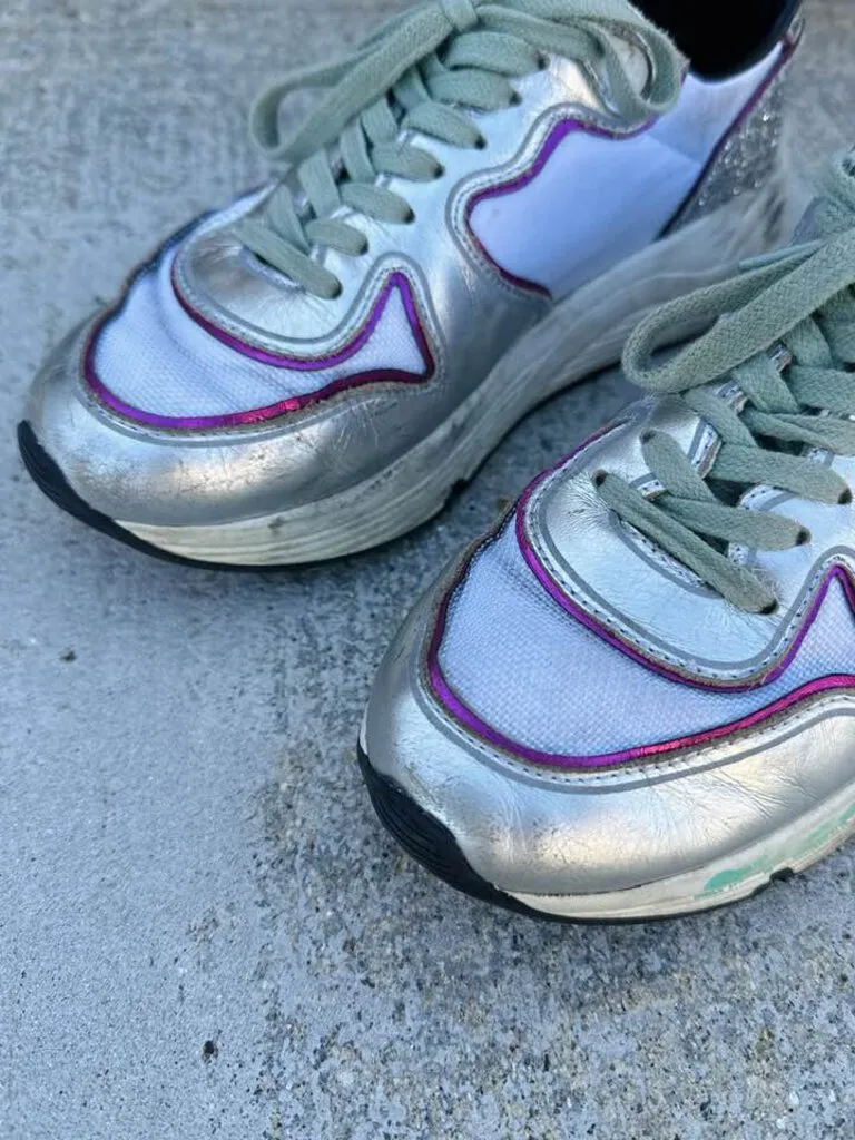 Golden Goose Silver Running Sole Sneakers with Glitter and Fuchsia Edging - Size 7
