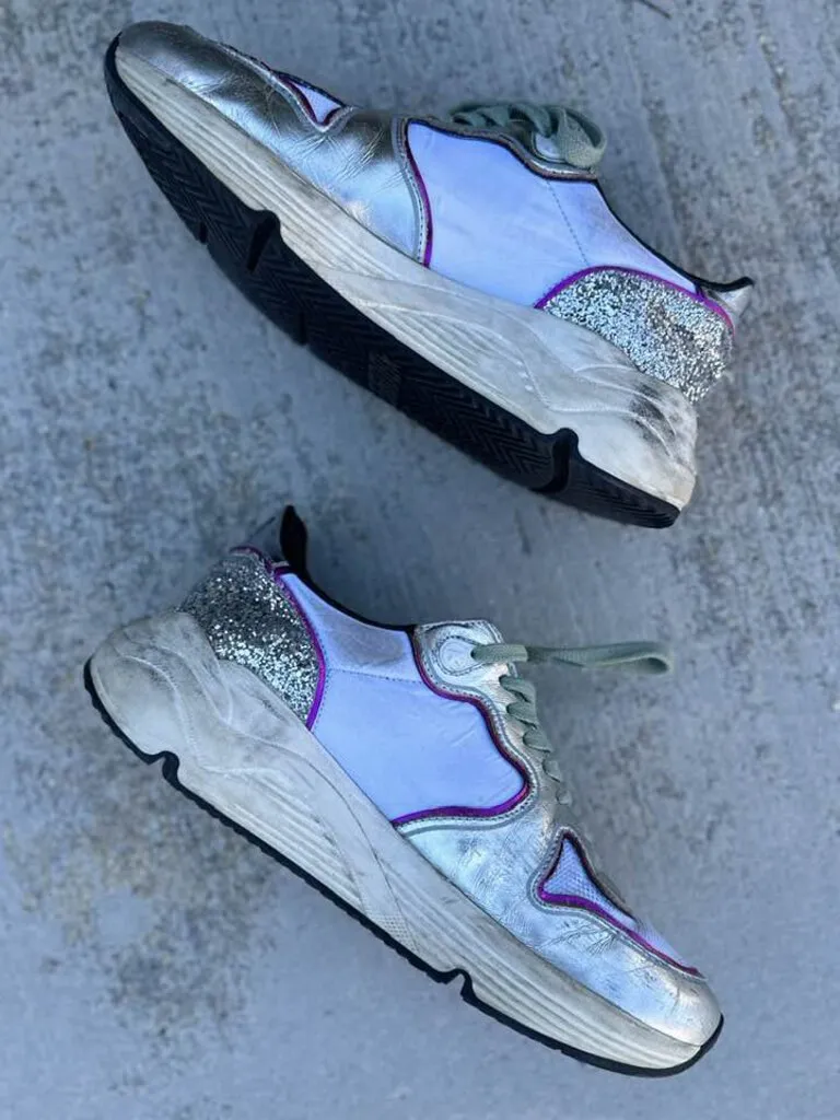 Golden Goose Silver Running Sole Sneakers with Glitter and Fuchsia Edging - Size 7