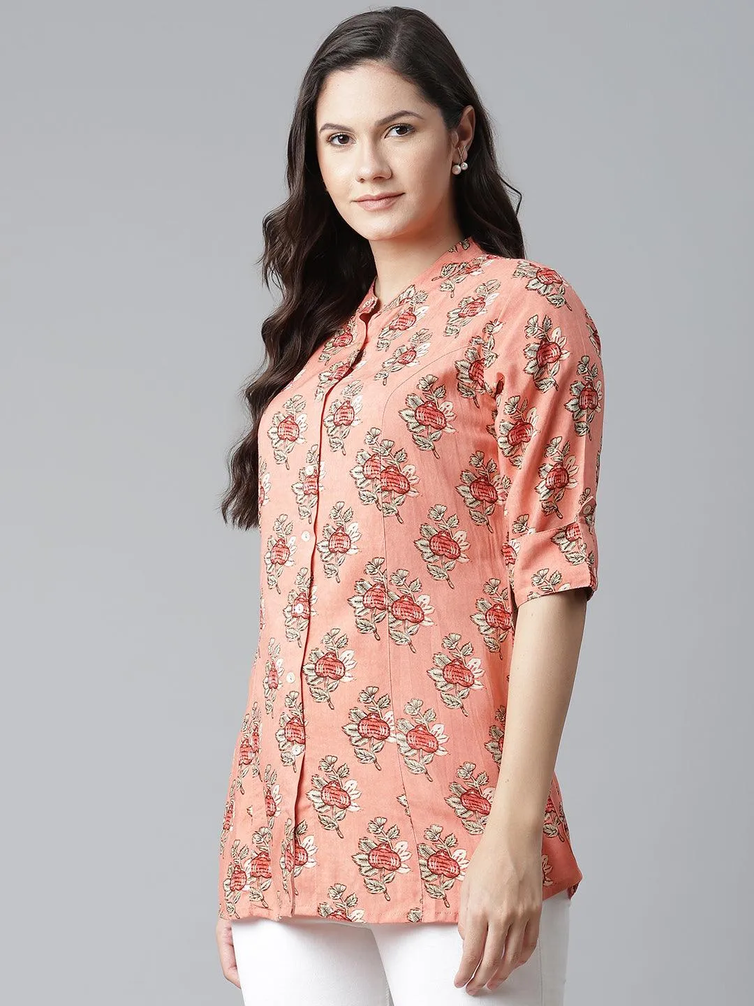 Jashvi Peach Printed Rayon Top