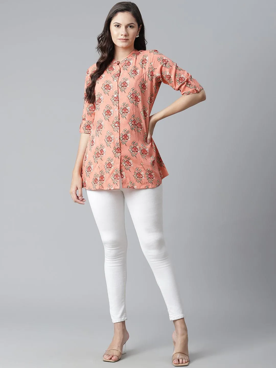 Jashvi Peach Printed Rayon Top