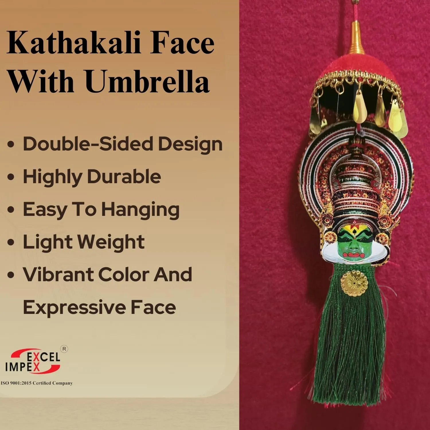 Kerala Traditional Art Kathakali Face with Umbrella Hanging Decor, 30 cm