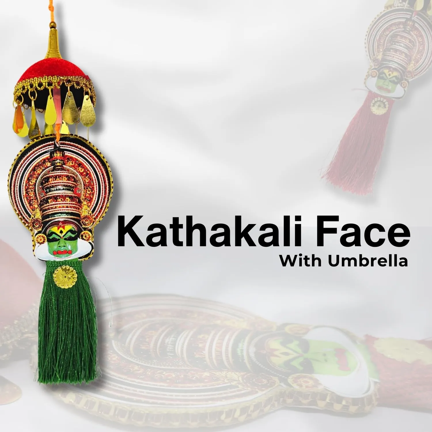 Kerala Traditional Art Kathakali Face with Umbrella Hanging Decor, 30 cm