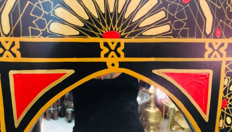 Moroccan Hand Painted Wall or Vanity Mirror in Black with Gold and Mustard