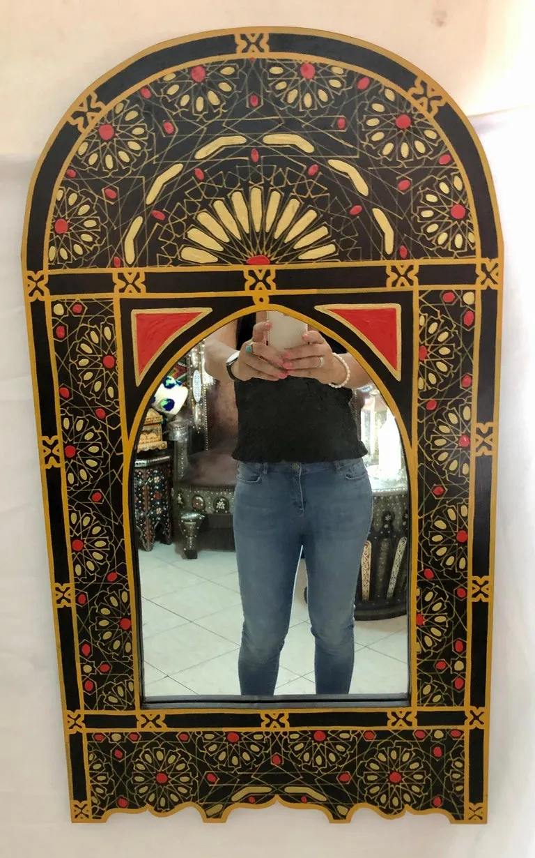 Moroccan Hand Painted Wall or Vanity Mirror in Black with Gold and Mustard