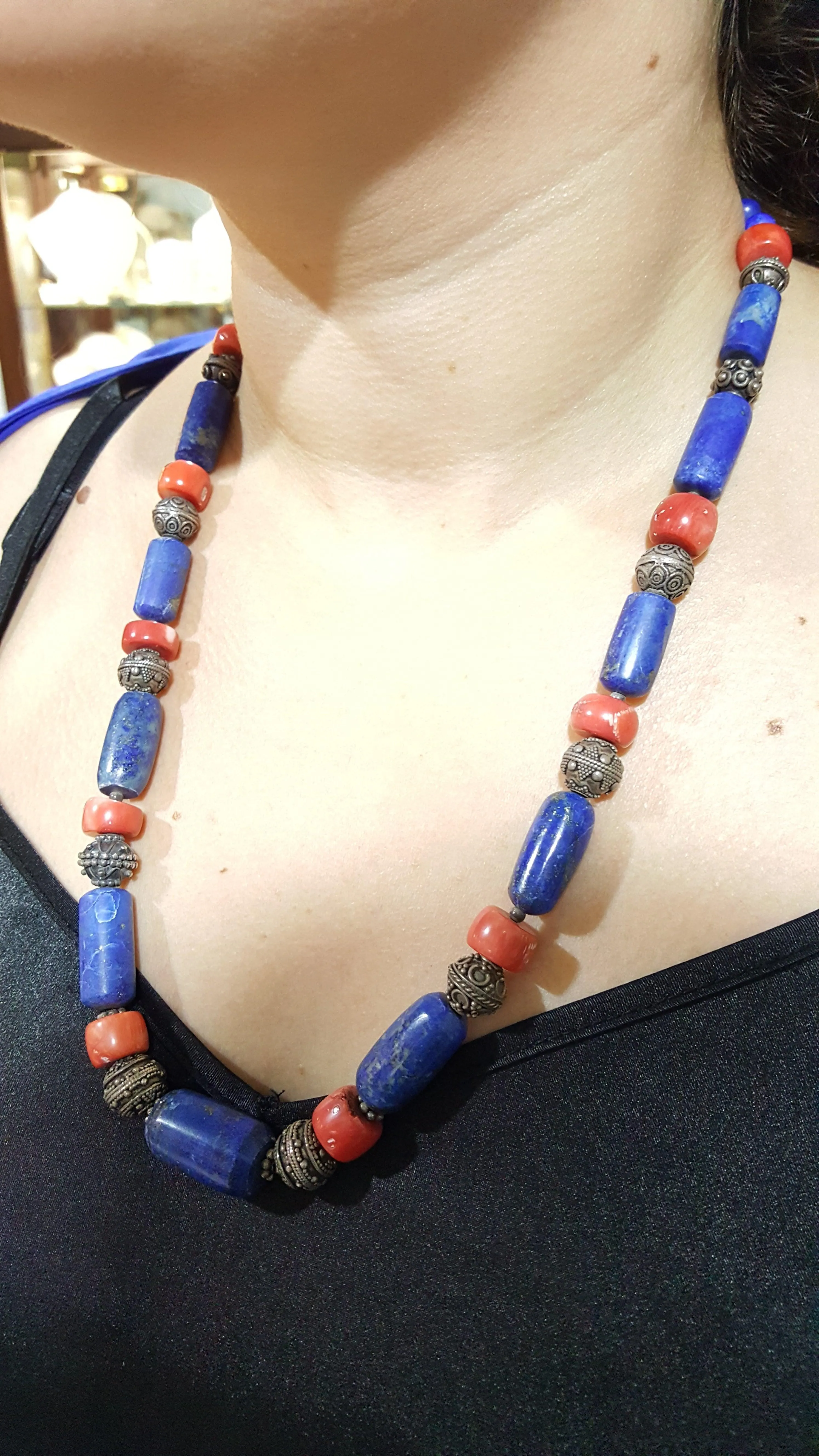 Necklace with Lapis Lazuli & Red Coral and sterling silver elements
