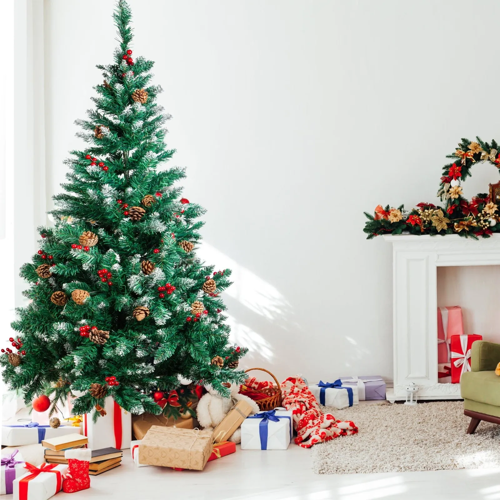 premium 6ft Snow Flocked Hinged PVC Artificial Christmas Tree w/Pine Cones & Red Berries, Metal Stand 7' 7'