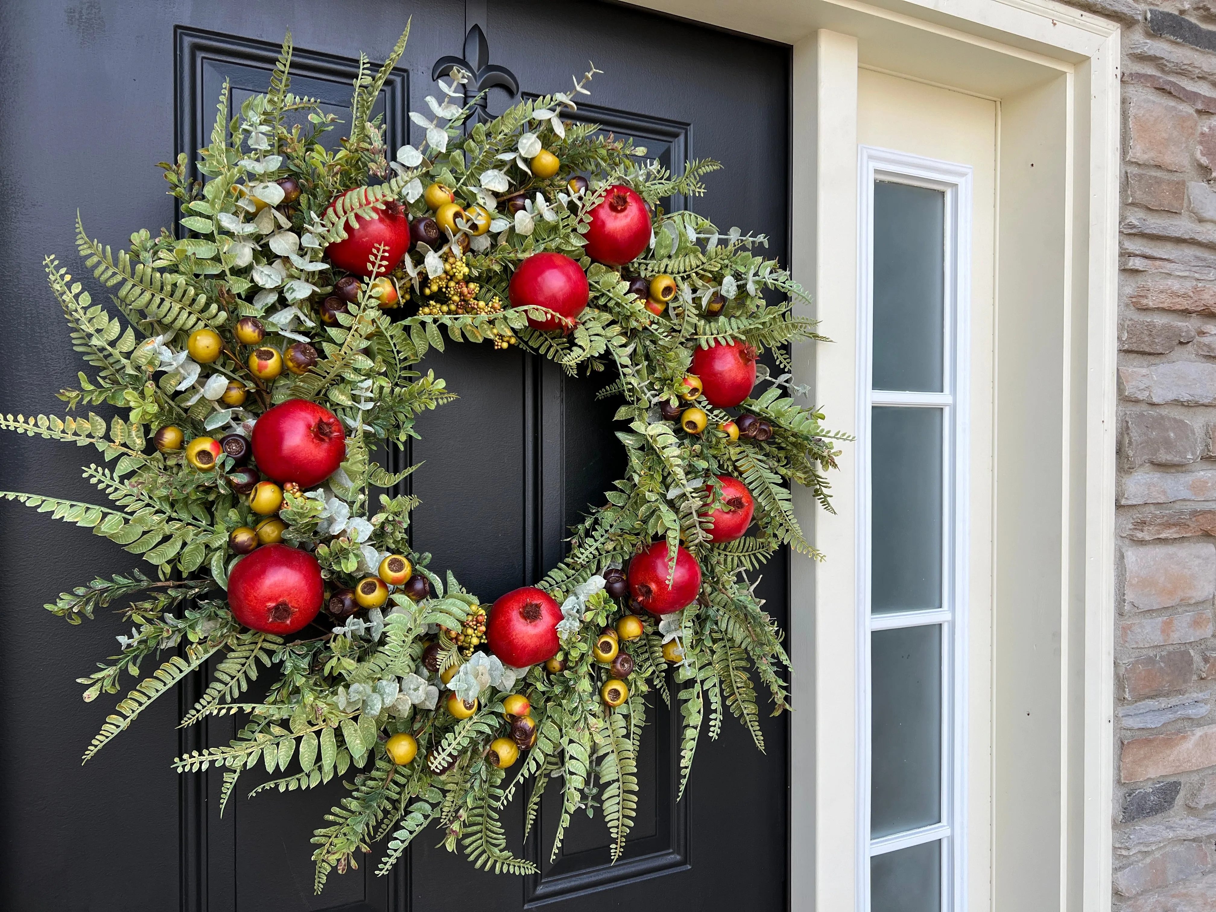 Red Pomegranate Wreath for Fall with Life-Size Fruit