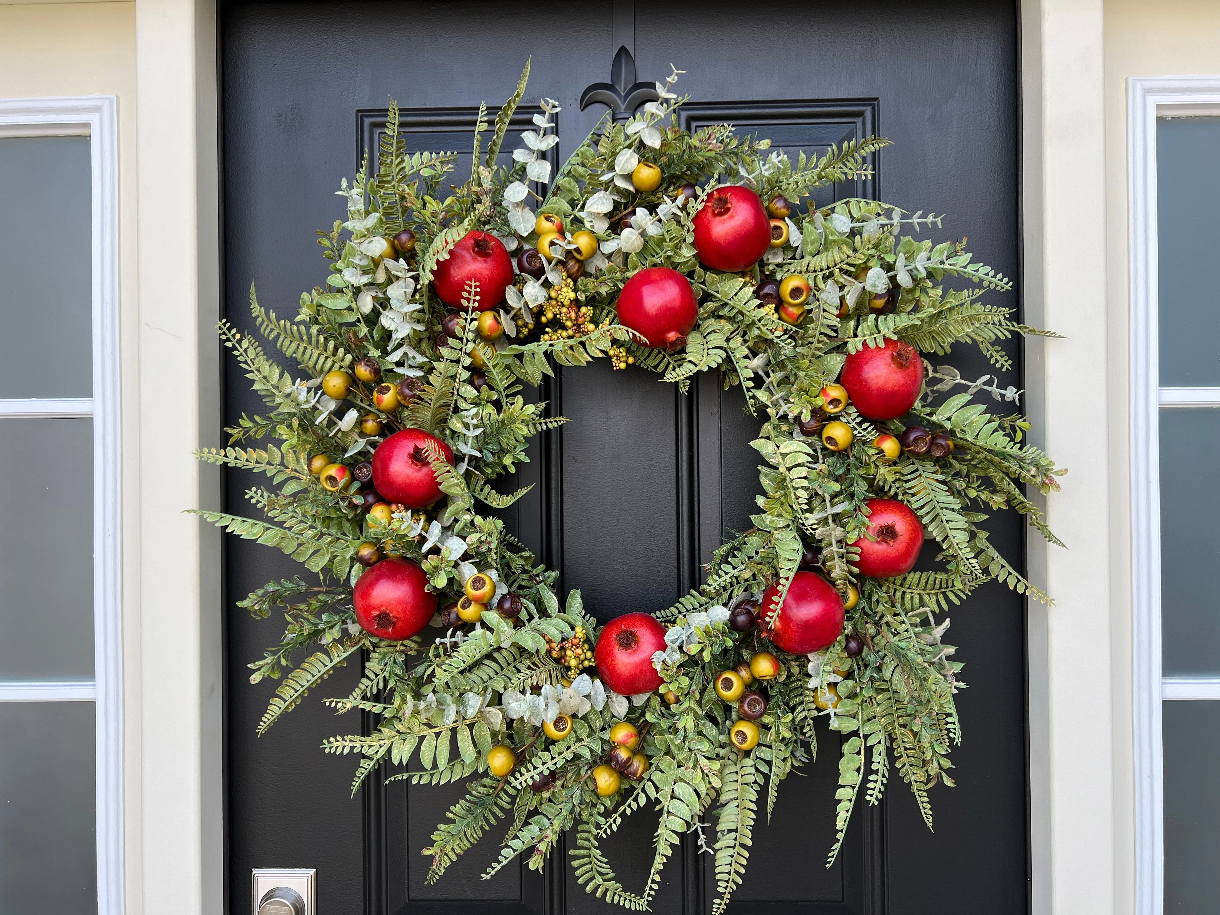 Red Pomegranate Wreath for Fall with Life-Size Fruit