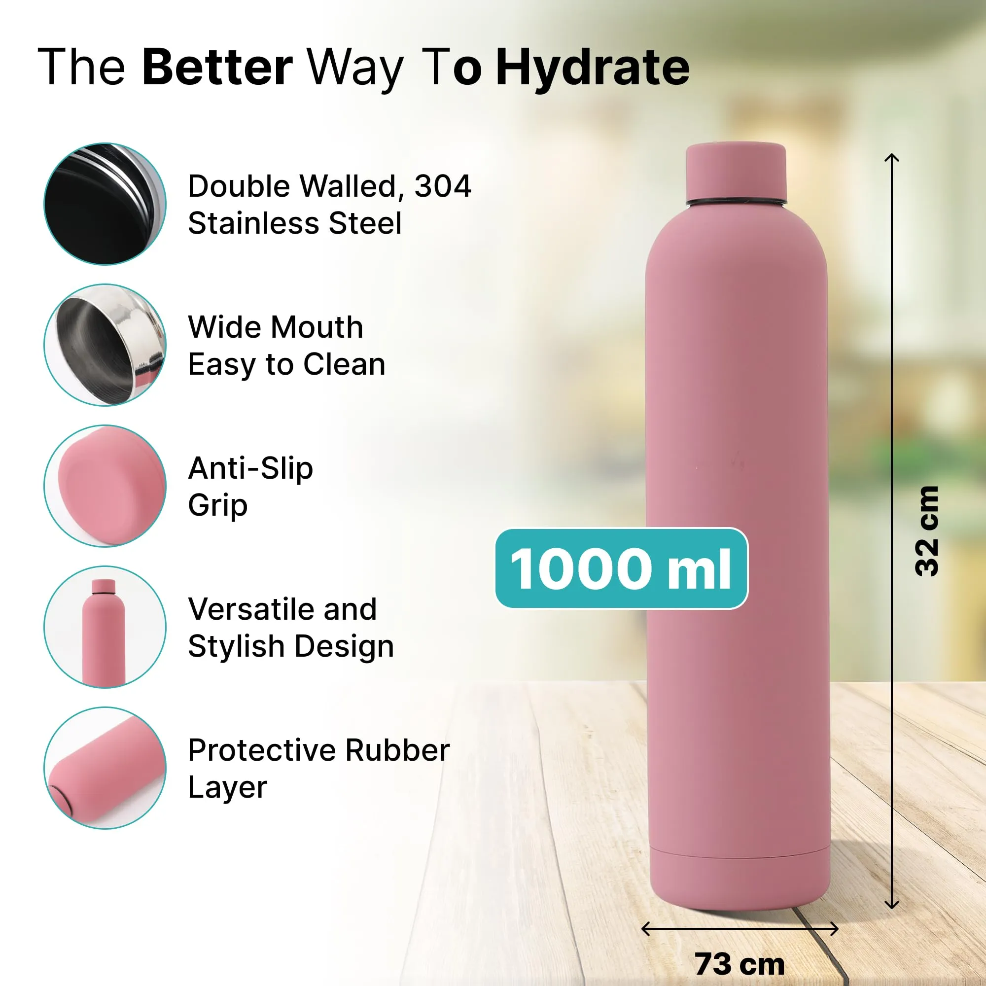 The Better Home 1000 ml Stainless Steel Vacuum Insulated Water Bottle with Smooth Rubber Finish | Keeps Contents Cold/Warm Upto 6-12 Hours | Thermos Bottle | BPA Free | Gym | Office | Travel | Pink
